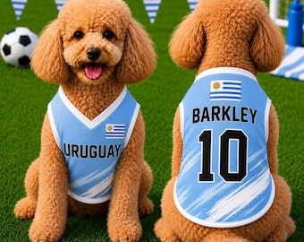 Könnte beinhalten: Ein hellblaues Hunde-Trikot mit dem Wort URUGUAY und der uruguayischen Flagge auf der Vorderseite sowie dem Namen BARKLEY und der Nummer 10 auf der Rückseite. Das ärmellose Kleidungsstück hat weiße Ränder und ein weißes Pinselstrichmuster.