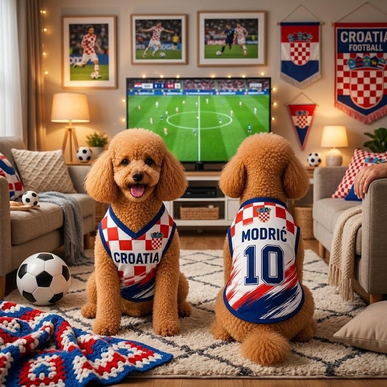 May include: Two light brown poodles wearing sleeveless jerseys with the Croatian red and white checkerboard pattern. One jersey displays the text CROATIA on the front, while the other shows MODRIC and the number 10 on the back.