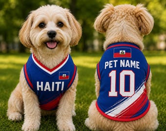 Personalisierter Haiti-Haustier-Fußball-Trikot, Fußball-Outfit für Hunde, Haiti-Fußball-Jersey-Namensnummer, niedliche Welpen-Kätzchen-Sportbekleidung, Katzen-Shirt
