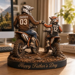 Puede incluir: Una detallada figura de un padre y un niño en motos de cross, chocando los puños. La camiseta del padre dice "DADDY 03", la del niño "BRIAN 12". La base está inscrita con "Happy Father's Day". Las motos son naranjas y blancas.