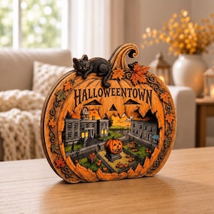 May include: A decorative pumpkin-shaped plaque featuring the text HALLOWEENTOWN. The orange pumpkin has a black cat resting on top, carved maple leaves, and a detailed interior scene showing a town square with buildings, a fence, and pumpkins.