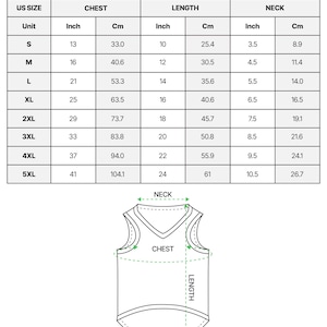 May include: A sizing chart for an all-over print mesh pet jersey. The table lists US sizes S through 5XL with corresponding chest, length, and neck measurements in inches and centimeters. A line drawing of a pet jersey shows measurement points.