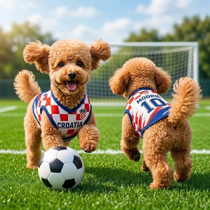 May include: Two light brown poodles wearing red and white checkered Croatia soccer jerseys. One dog faces forward near a black and white soccer ball, while the other faces away, showing the name MODRIC and the number 10 on the back of the jersey.