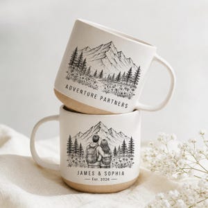Personalized Adventure Couple Mug, Mountain Pottery Cup, Custom Names Ceramic Mug, Camping Gift, Hiking Lovers Mug, Anniversary Keepsake