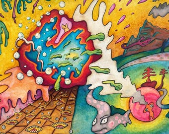 Original Psychedelic Marker Drawing, Surreal Abstract Dreamscape, One of a Kind Outsider Art