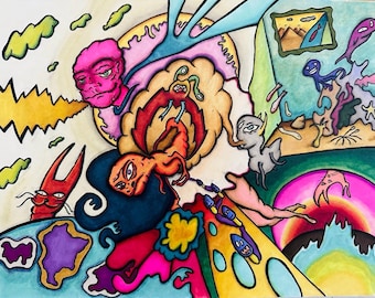 Oryginalny rysunek surrealistyczny w stylu psychodelicznym – ilustracja rysowana ręcznie markerem