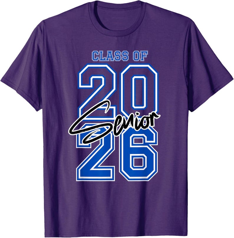 May include: Purple t-shirt with the text "CLASS OF 2026 Senior" in white and blue. The shirt is a crew neck style and is made of a soft material.