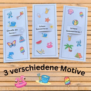 May include: Three rectangular paper bookmarks featuring colorful summer-themed illustrations like kites, ice cream, palm trees, and beach gear. Each bookmark has a sliding paper band with the German text Genie&szlig;e die Ferien or Sch&ouml;ne Sommerferien.