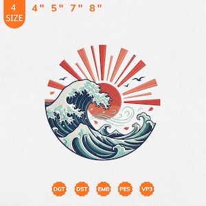 Puede incluir: Diseño bordado de una ola oceánica estilizada con un sol rojo y rayos, pájaros y hojas. Disponible en tamaños de 10 cm, 13 cm, 18 cm y 20 cm. Disponible en formatos DGT, DST, EMB, PES y VP3.