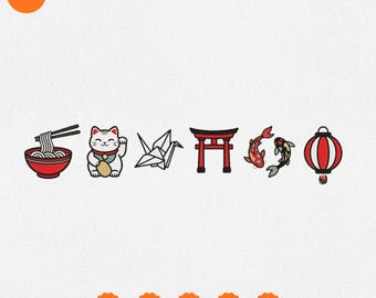 Archivo de bordado de iconos japoneses Kawaii Gato Ramen Grulla Koi Linterna Diseño de bordado a máquina