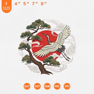 Puede incluir: Parche bordado con una grulla en vuelo contra un sol rojo, con árboles y nubes estilizados. Disponible en tamaños de 10 cm, 13 cm, 18 cm y 20 cm.