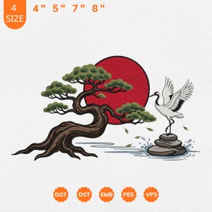 May include: An embroidered design featuring a bonsai tree, a red sun, and a crane. The design is available in 4", 5", 7", and 8" sizes. The design includes the text "SIZE" and the file types DGT, DST, EMB, PES, and VP3.