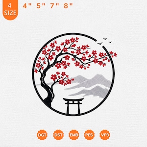 Puede incluir: Diseño bordado de un árbol negro con flores rojas, una puerta torii negra y montañas grises dentro de un círculo negro. Disponible en tamaños de 10 cm, 13 cm, 18 cm y 20 cm.