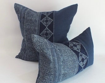 Blue Pillow case Hand Woven HEMP throw decorative Tribal Textile indigo navy blue batik Kilim ethnic Hmong living room sofa couch cushions