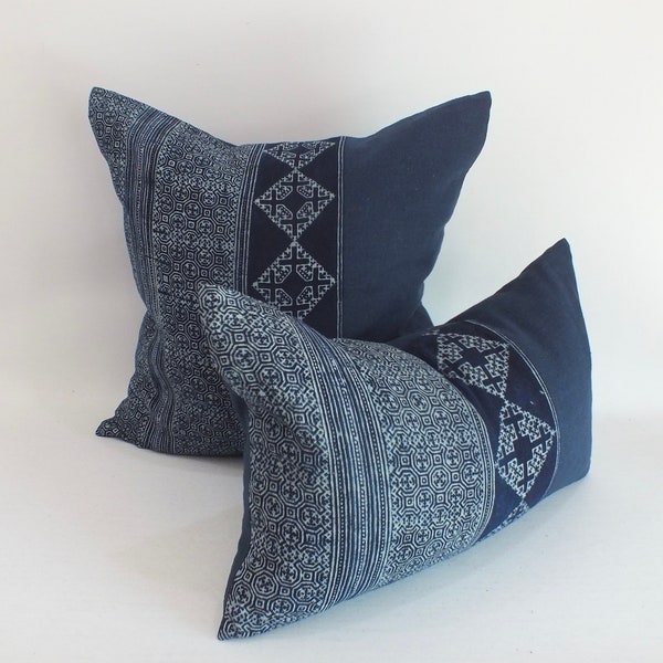 Blue Pillow case Hand Woven HEMP throw decorative Tribal Textile indigo navy blue batik Kilim ethnic Hmong living room sofa couch cushions