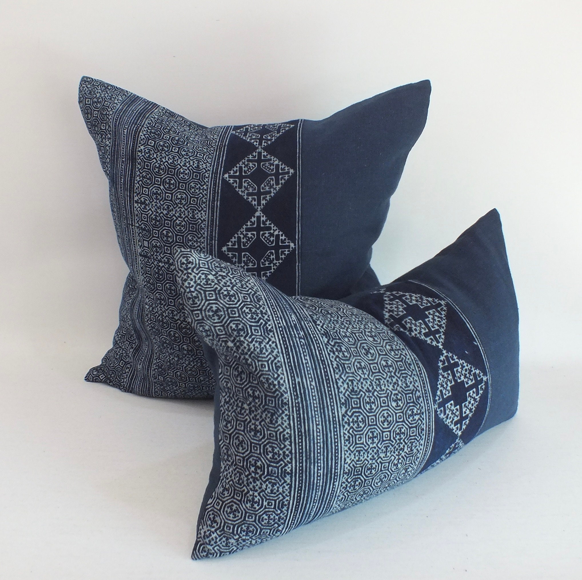 Blue Pillow case Hand Woven HEMP throw decorative Tribal Textile indigo navy blue batik Kilim ethnic Hmong living room sofa couch cushions