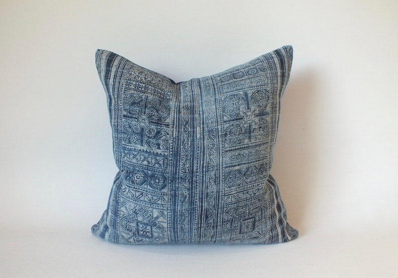 Blue cushion cover Hmong Throw Pillow Indigo Cushion Case decorative Accent ethnic Hmong fabric cushions cover Frazada cushions Batik Hemp