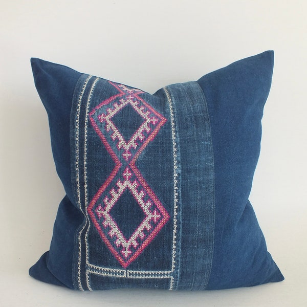 Blue Cushion  Hand-stitch Hmong Vintage fabric Indigo Hemp Sofa cushions pillowslip living room bedroom pillows beanbags ottoman