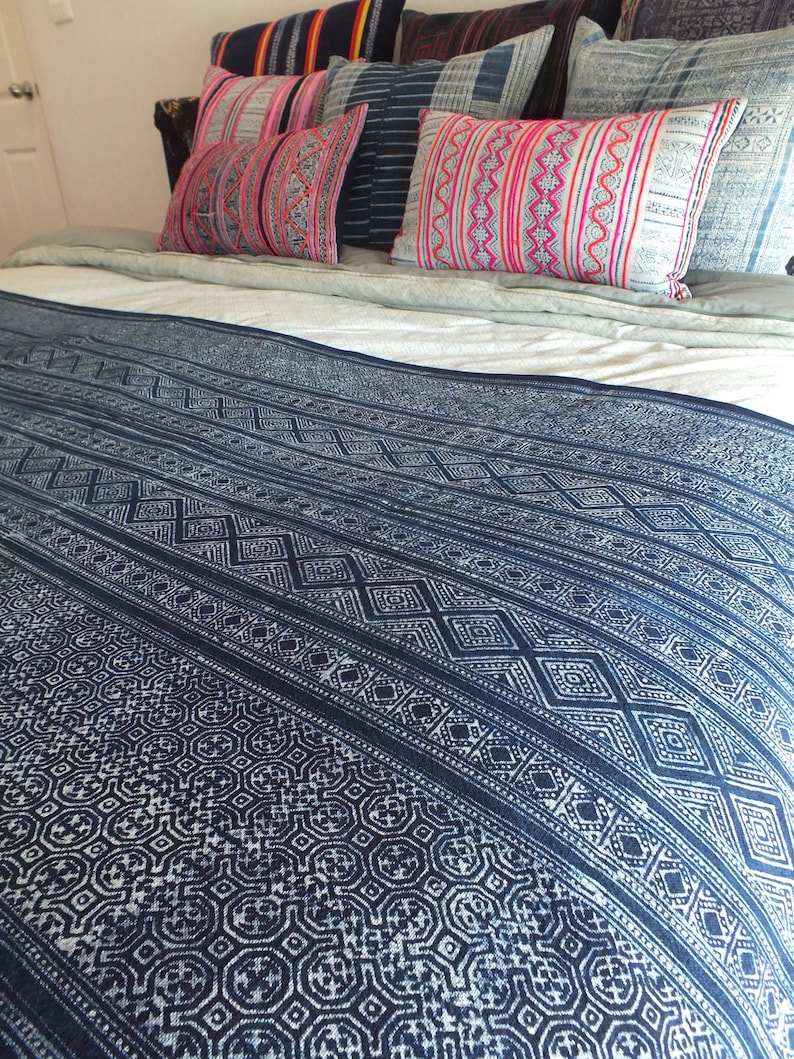 Blankets and throws blue Batik Hmong Vintage Style Handprinted Etsy