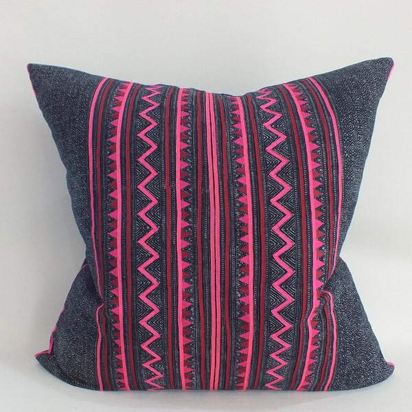 Blue Batik and Pink Hand-printed cushion cover Accent  Pillows Hmong Vintage  Textile Decorative throw sofa floor kilim Mud cloth sofa