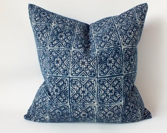 Midnight Blue Sofa  Batik Pillow case Throw cushion Navy Indigo Boho Handprinted textiles floor decorative Hmong sofa-cushion  cover