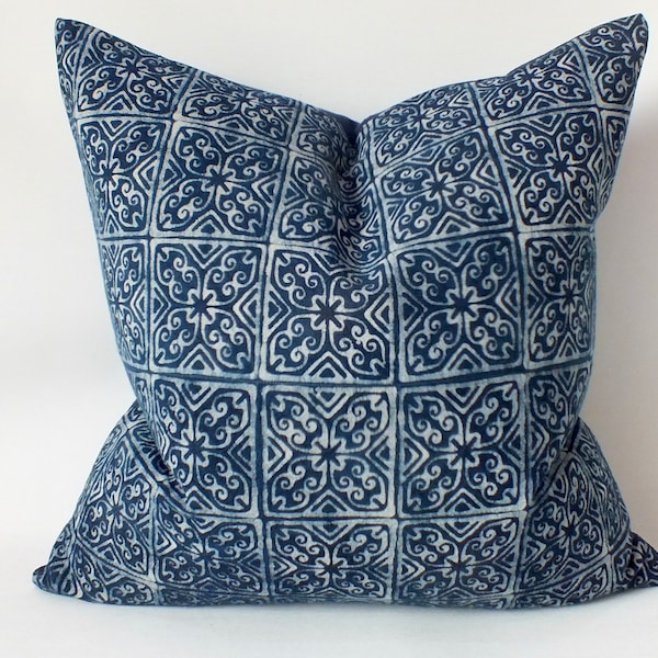 Midnight Blue Hmong Batik Pillow case Throw cushion Blue Navy Indigo Boho Handprinted textiles floor decorative Hmong cushion cover