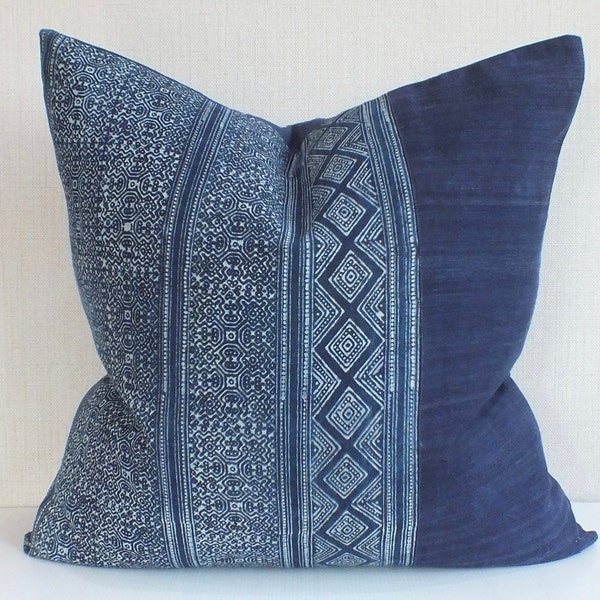 Blue Navy  pillows Boho chic Vintage Style Batik Hmong fabric Pillow case Decorative Cushion cover Ethnic throw pillows scatter cushions