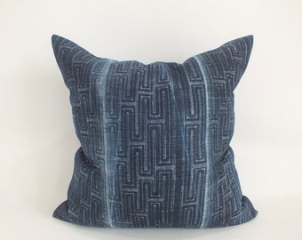 Sofa  Pillow case Ethnic Cushion-cover Vintage Batik Indigo Blue Textile  Decorative Cushion Boho throw pillow Hmong Hemp