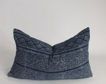 Indigo Batik Pillow Cover: Vintage Tribal Hmong Cushions  (20x12) for sofa couch throw pillows