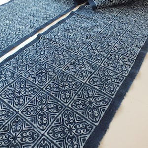 May include: A blue fabric with a white geometric pattern. The fabric has a frayed edge.