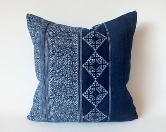 Blue Pillow case Hand Painted Batik  hemp  throw Cushions decorative Pillow  Tribal Textile indigo navy blue Hmong sofa cushions pillowcase