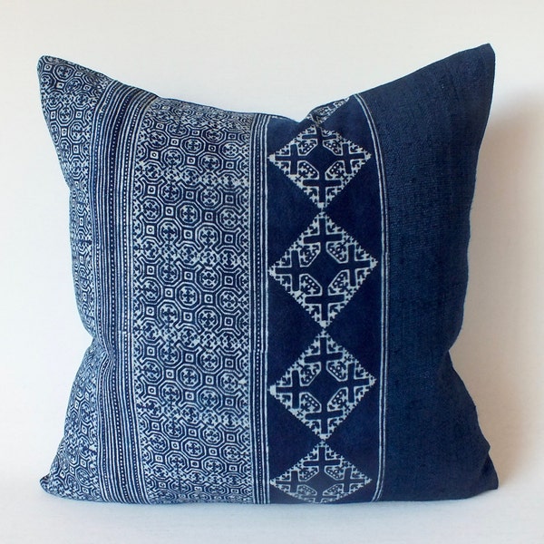 Blue Pillow case Hand Woven hemp  throw Cushions decorative Pillows Tribal Textile indigo navy blue batik   Hmong  sofa cushions pillowcase