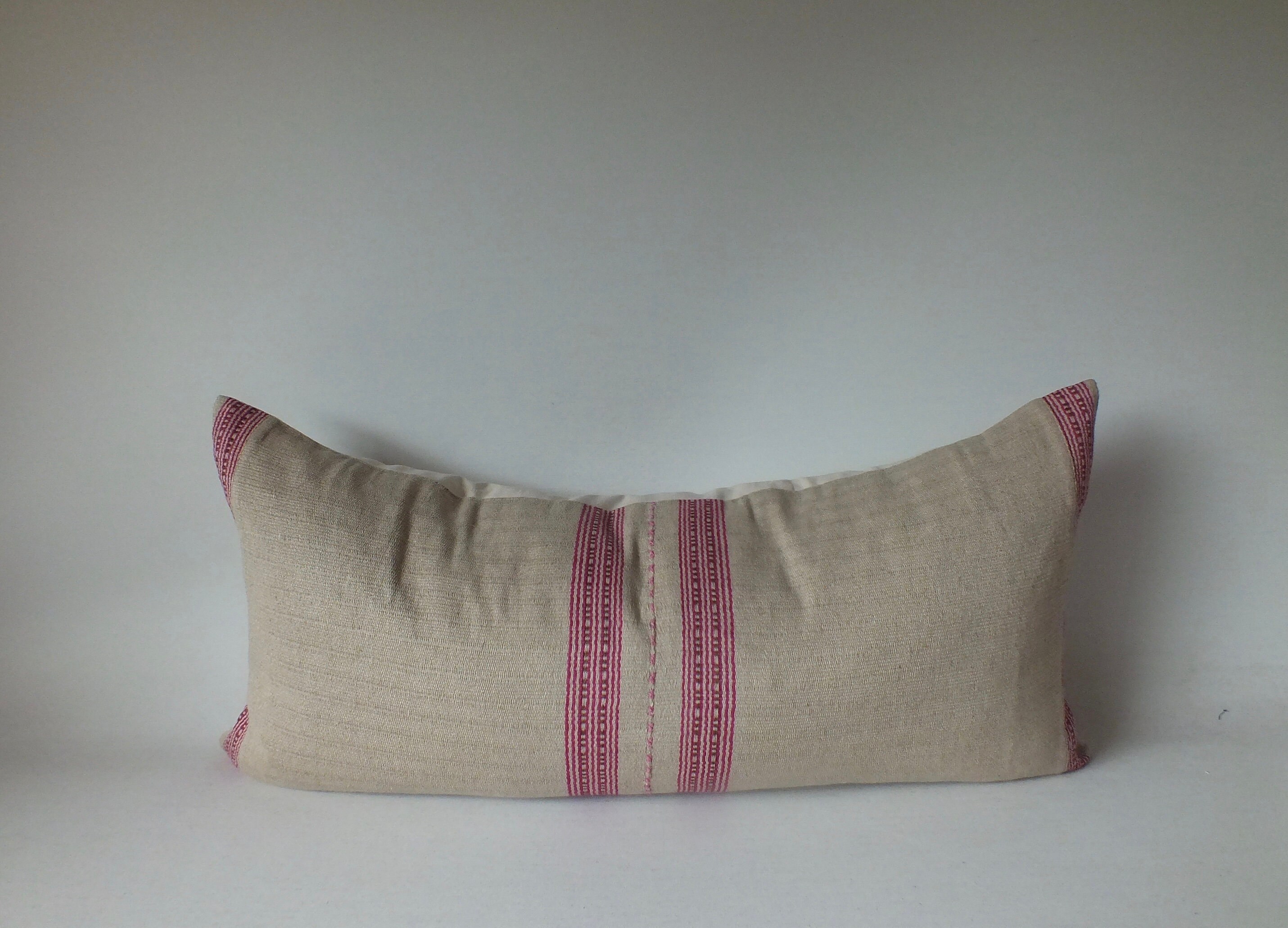 Almohadas lumbares de 16 x 32 hechas a mano, de cáñamo vintage casero a rayas, rosa, tejidas a mano, para cama, sala de estar, funda de almohada, cojín frazada, decoración del hogar