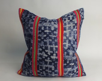 Hand woven cushion cover Hemp Pillows Hmong Navy Blue Vintage Indigo Textile Decorative throw sofa floor kilim Mud cloth textiles