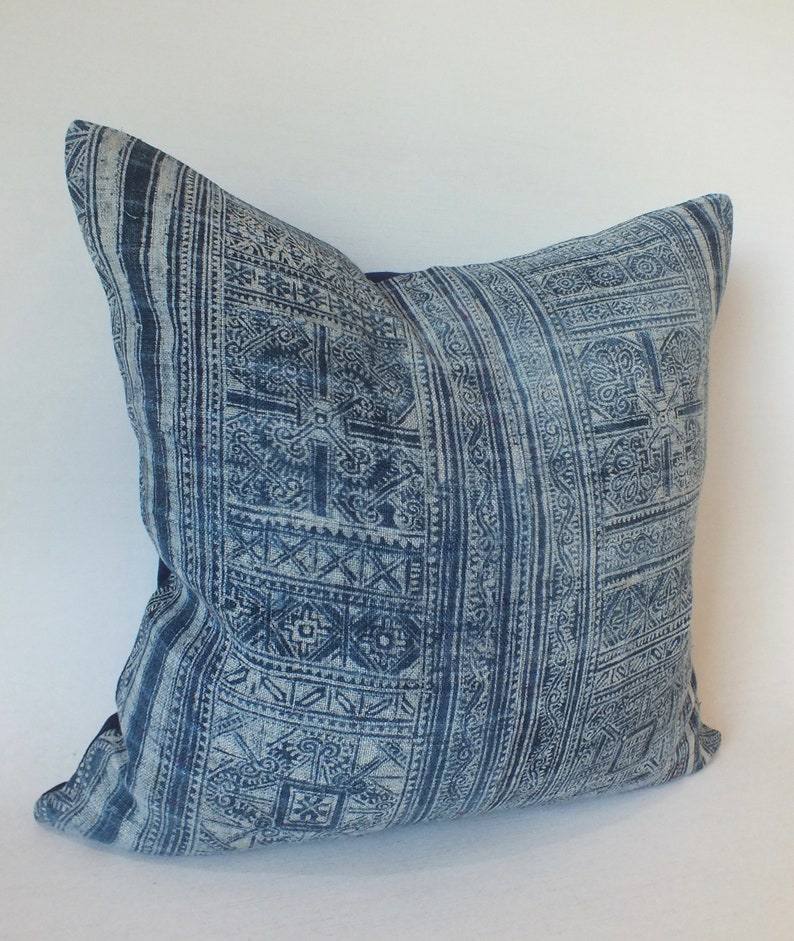 Blue cushion cover Hmong Throw Pillow Indigo Cushion Case decorative Accent ethnic Hmong fabric cushions cover Frazada cushions Batik Hemp