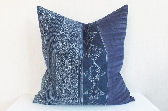 VINTAGE Hmong Pillow case Hand Woven DENIM BLUE THROW Pillows Dark Blue