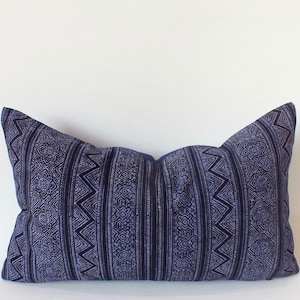 Blue Hmong Pillow Batik ethnic Throw pillow Hmong textiles Indigo Cushion cover Decorative Lumber Pillow Batik Handprinted Fabrics
