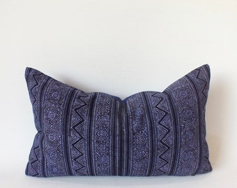 Blue Hmong Pillow Batik ethnic Throw pillow Hmong textiles Indigo Cushion cover Decorative Lumber Pillow Batik Handprinted Fabrics