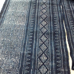 May include: A close-up of a blue and white fabric with a repeating geometric pattern. The fabric is woven and has a textured surface.