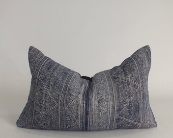 Grey Bolster  Pillow Indigo Batik Cushion Cover Throw pillow Hmong Fabric Decorative Accent Pillow Lumber Hemp Home decor sofa couch cushion