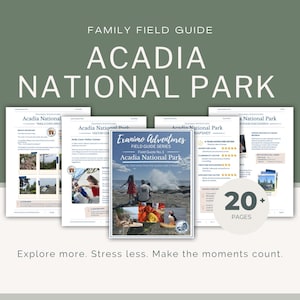 May include: A family field guide for Acadia National Park. The guide includes a cover image of a couple on a rocky shore. The guide is part of the Exanimo Adventures Field Guide Series and has over 20 pages.