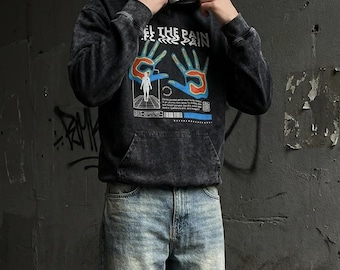Vintage Acid Washed Black Graphic Hoodie Men’s Cotton Streetwear Pullover Oversized Casual Sweatshirt