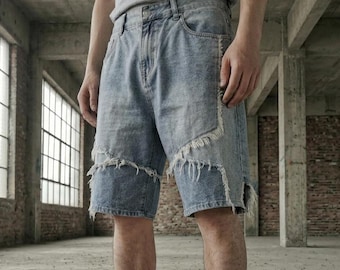 Pantalones cortos vaqueros para hombre, estilo Y2K, lavado a la decoloración, con pentagrama desgastado, estilo streetwear, corte holgado, verano casual.
