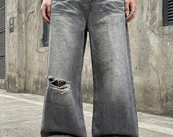 Wijde pijpen contrasterende jeans heren losse rechte denim streetwear casual Y2K Daily Wear grijs