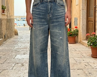 Men's Baggy Wide Leg Jeans Loose Fit Light Wash American Streetwear Casual Denim Summer