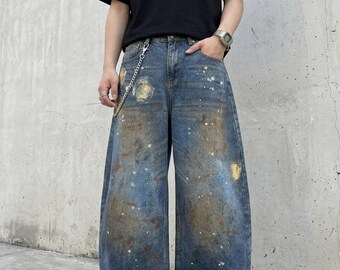 Baggy Graffiti Jeans mit weitem Bein Y2K Ink Splash Print Unisex Streetwear Vintage Lose Jeanshose
