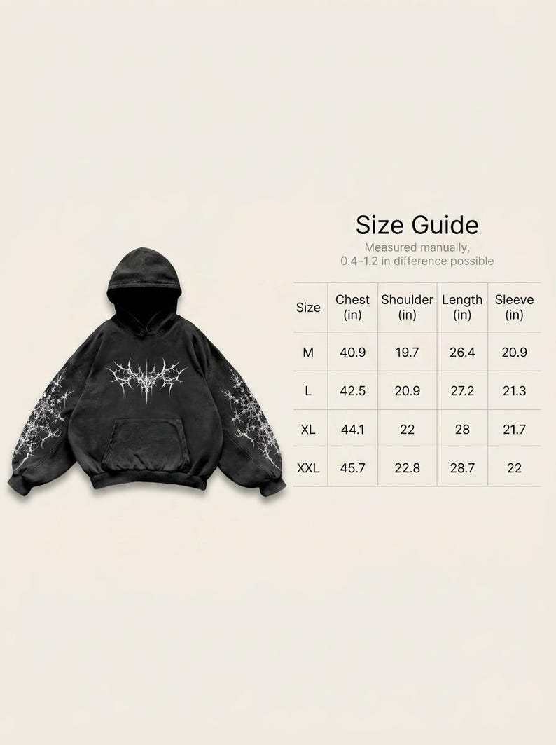 May include: Black hoodie with a unique white graphic design on the front, sleeves, and hood. The hoodie has a front pocket and a size guide with measurements in inches. The chest measurements range from 40.9 to 45.7 inches.