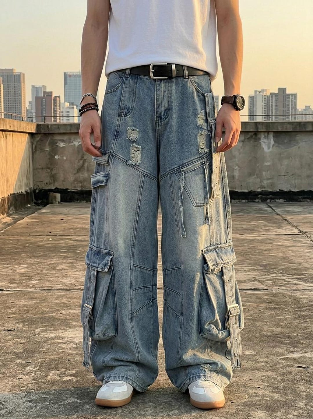 Light Wash Baggy Cargo Jeans Unisex Wide Leg Streetwear Y2K Grunge