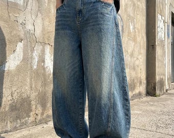 Pantalones vaqueros holgados de pierna ancha estilo streetwear Y2K, estilo vintage para hombre, color azul barril.