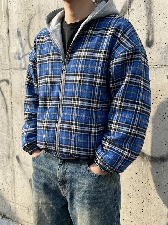 短丈 00s Columbia Plaid Puffy Jacket M Y2K Reversible Oversized Plaid Zip up Hoodie Y2K Streetwear Jacket